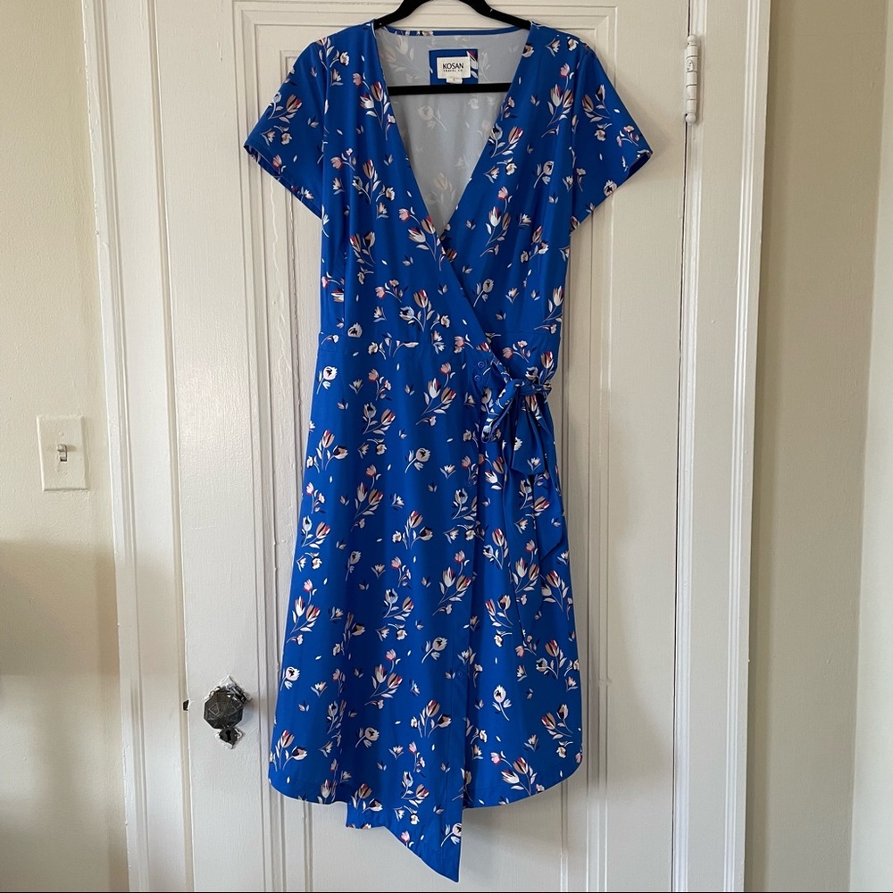 KOSAN Blue Atlantic Floral Go Travel Wrap Dress L